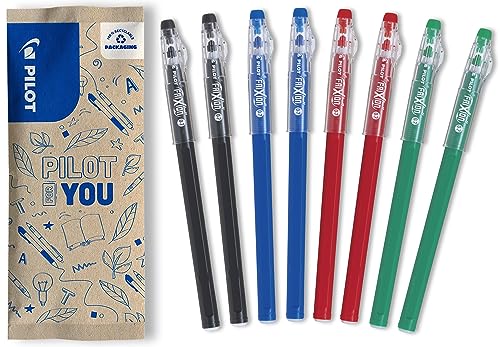 PILOT - Zestaw 8 długopisów FriXion Ball Stick - Atrament żelowy - 2 niebieskie, 2 czarne, 2 czerwone, 2 zielone - średnie końcówki - artykuły szkolne