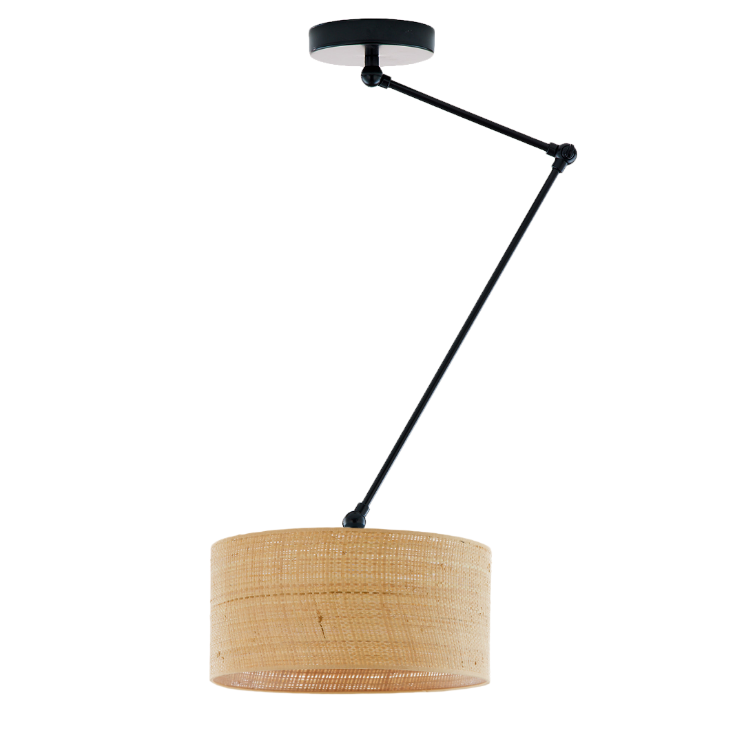 Rattanowa lampa sufitowa nad stół z regulowanym ramieniem NEWA  BOHO z beżowym kloszem z rattanu