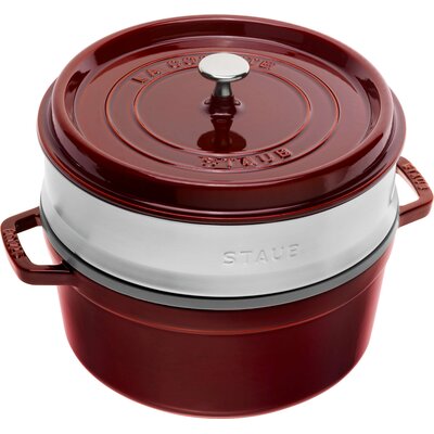 Staub garnek żeliwny Cocotte, okrągły, z wkładem do gotowania na parze (średnica 26 cm, pojemność 5 l, może być używany do gotowania na kuchenkach indukcyjnych, wnętrze pokryte czarną, matową emalią), 11338 (1133887)