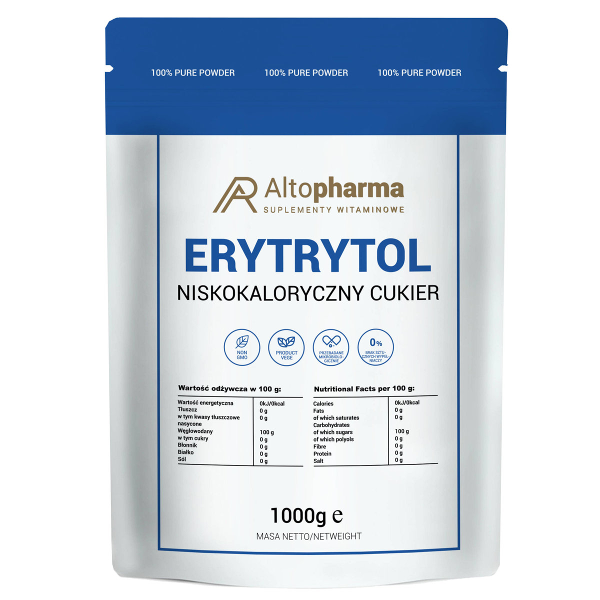 AltoPharma Erytrytol Niskokaloryczny Cukier w proszku 1000g 0 kalorii