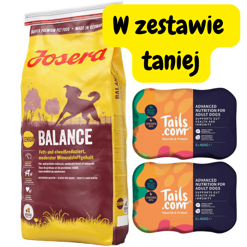 JOSERA Balance Senior/Light 15kg + Tails.com Adult 65% mięsa 12x400g