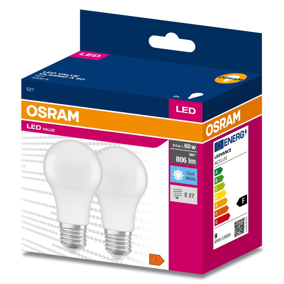 Żarówka LED 2 szt. E27 8,5 W = 60 W 806 lm Neutralna biel Osram