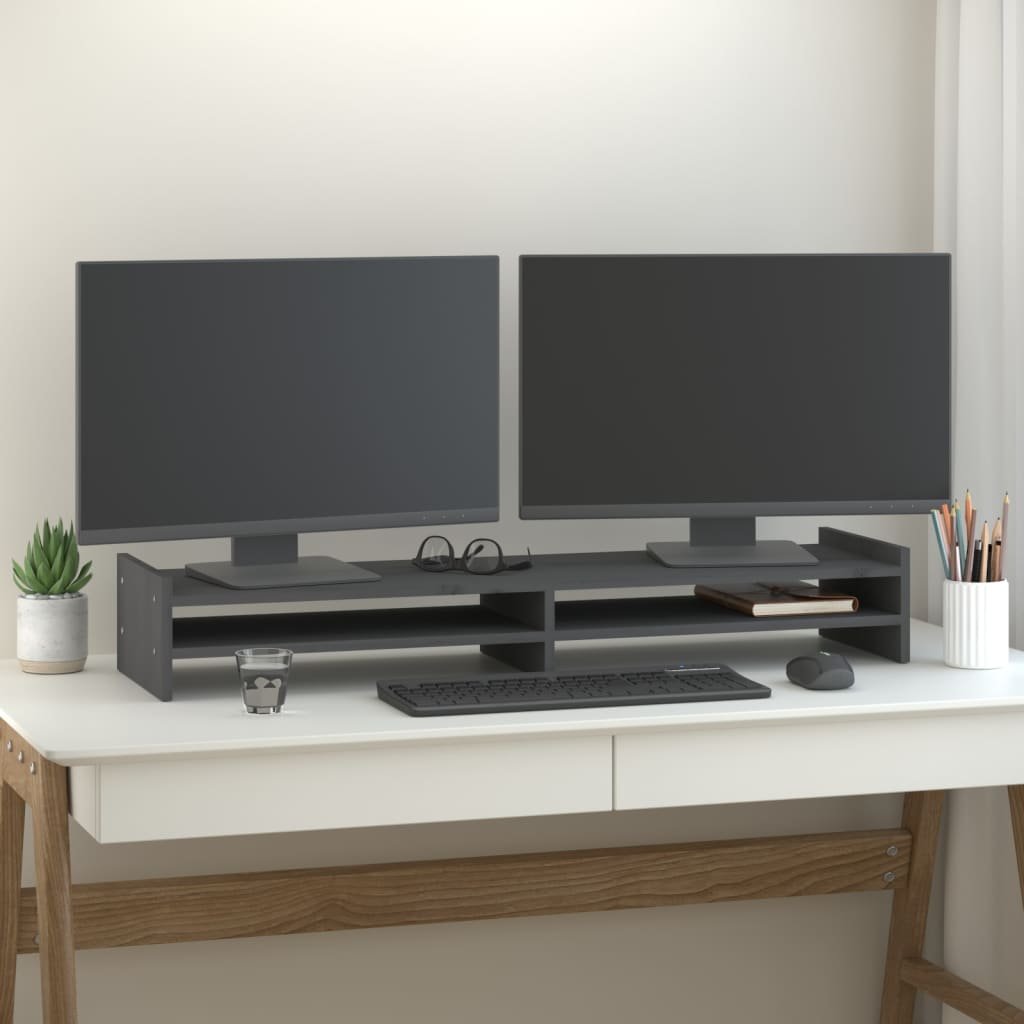 vidaXL Podstawka na monitor, szara, 100x27x15 cm, lite drewno sosnowe