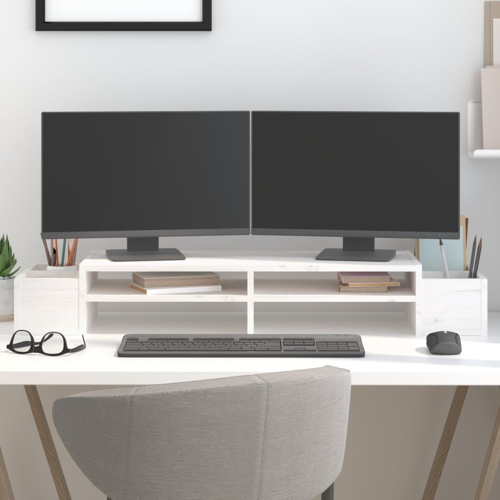 vidaXL Podstawka na monitor, biała, 100x27,5x15cm, lite drewno sosnowe