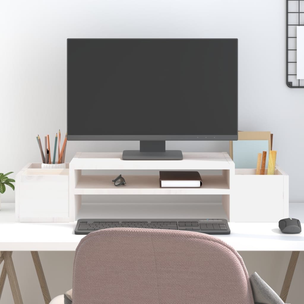 vidaXL Podstawka na monitor, biała, 70x27,5x15 cm, lite drewno sosnowe