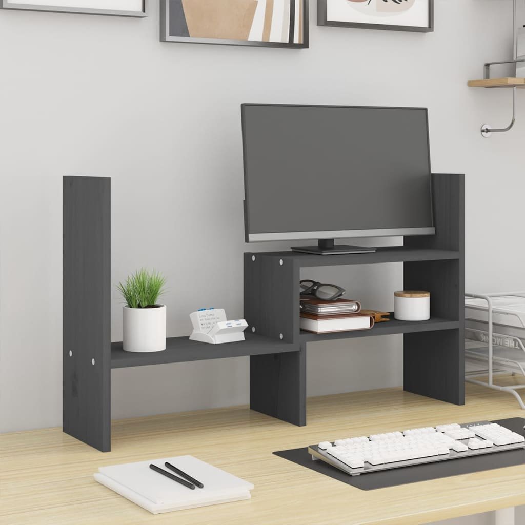 vidaXL Podstawka na monitor, szara, (39-72)x17x43 cm, drewno sosnowe