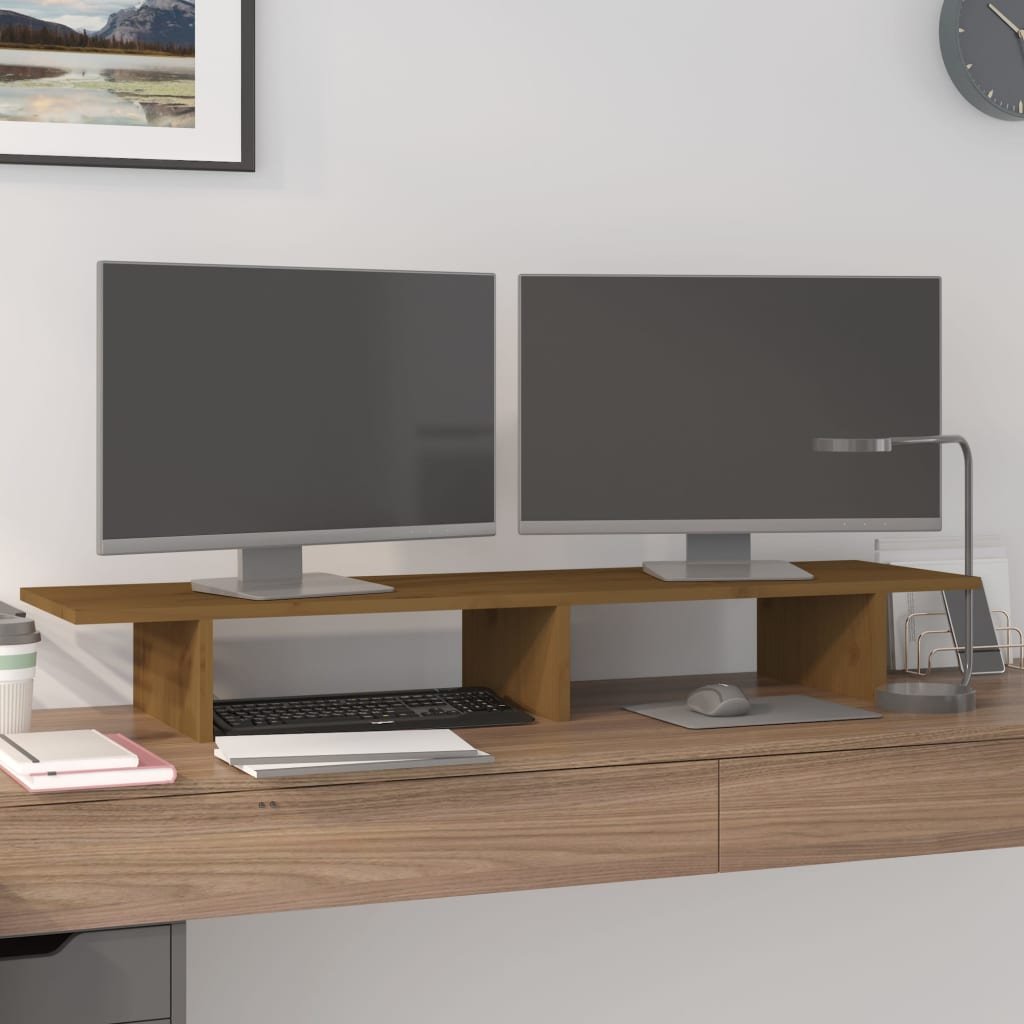 vidaXL Podstawka na monitor, miodowy brąz, 100x27x15 cm, lita sosna