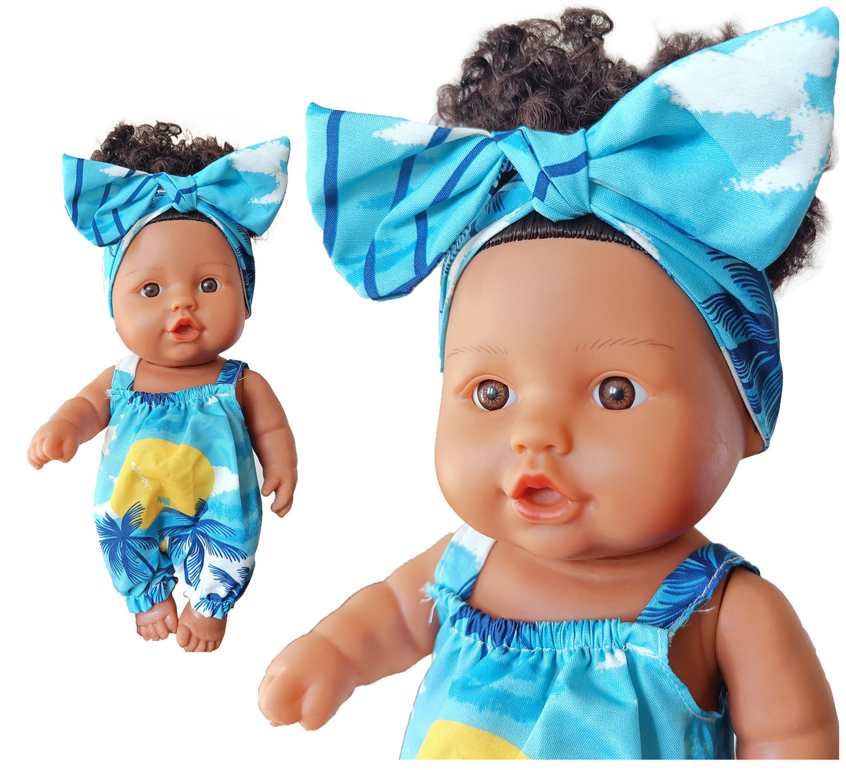 Lalka bobas ciemnoskóra jak żywa z włosami włosy afro w niebieskim ubranku