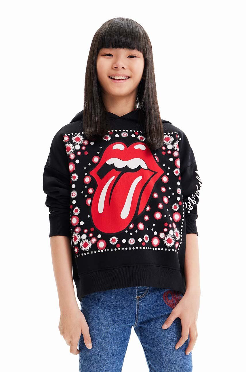 Desigual bluza bawełniana dziecięca 23WGSK08 SWEAT LONG SLEEVE kolor czarny z kapturem z nadrukiem