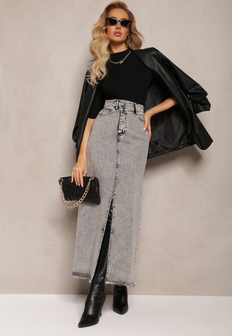 Czarna Postrzępiona Spódnica Maxi z Jeansu z Rozcięciem Feedi