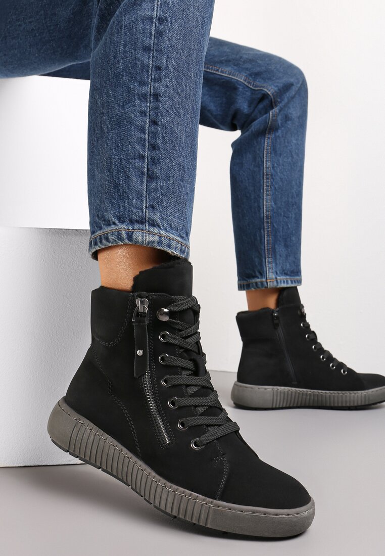 Czarne Traperki Sportowe ze Sznurowaniem i Ociepleniem Persetina