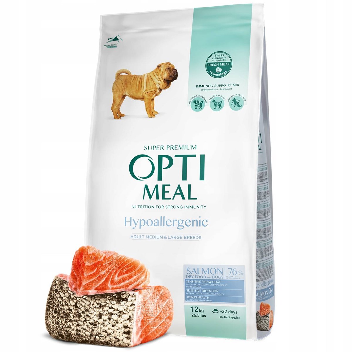 OPTIMEAL „Hypoallergenic” hipoalergiczna pełnowartościowa sucha karma dla dorosłych psów średnich i dużych ras – łosoś 12 kg