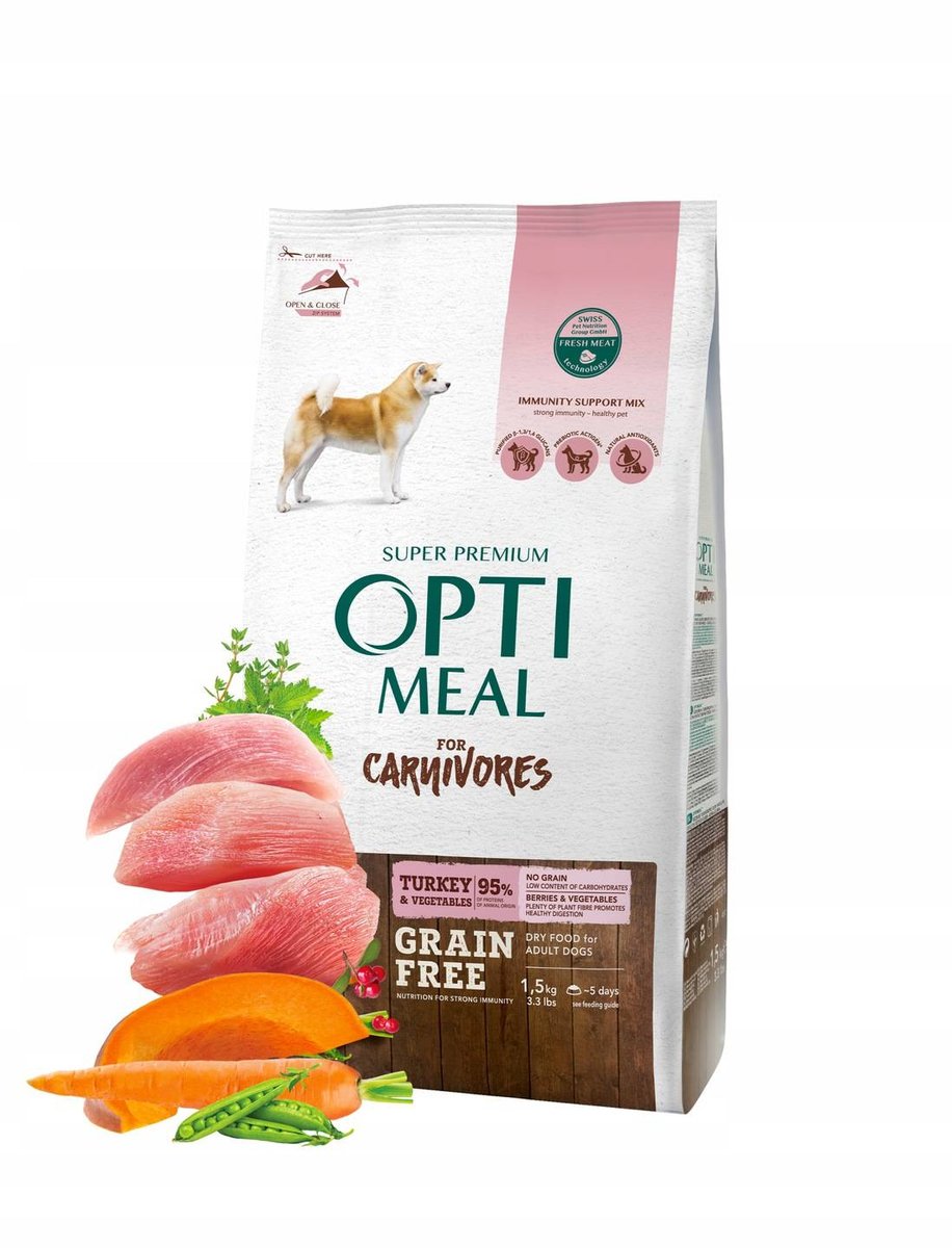 OPTIMEAL GRAIN FREE bezzbożowa pełnoporcjowa sucha karma dla dorosłych psów wszystkich ras - indyk i warzywa 1,5 kg