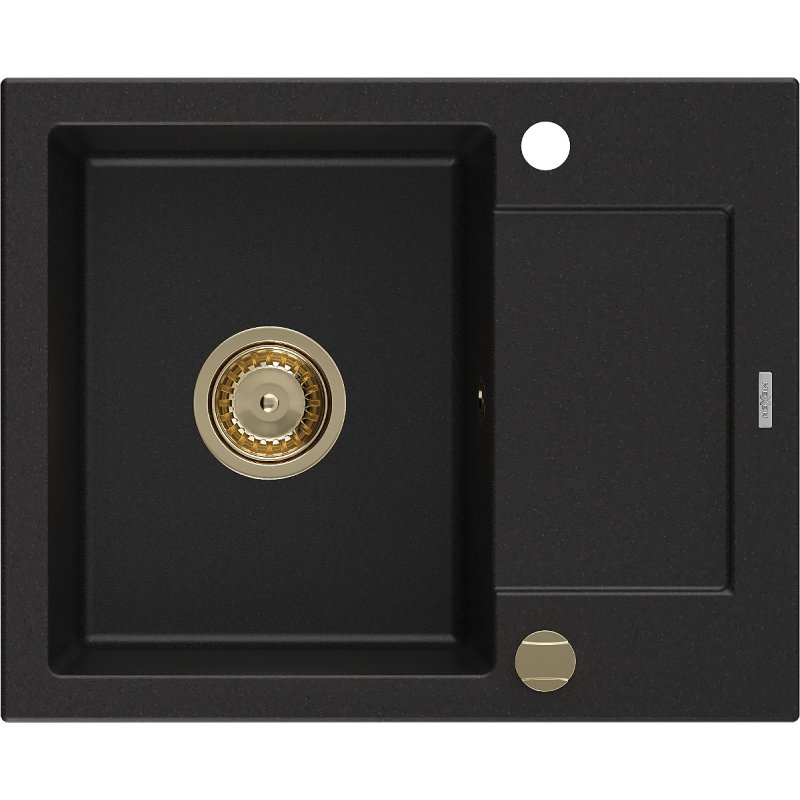Mexen Enzo zlewozmywak granitowy 1-komorowy z ociekaczem 576 x 465 mm, czarny, syfon złoty
