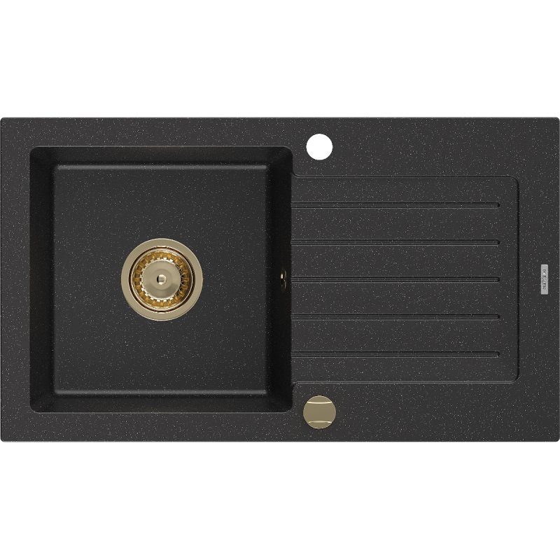 Mexen Pablo zlewozmywak granitowy 1-komorowy z ociekaczem 752 x 436 mm, czarny/srebrny metalik, syfon złoty