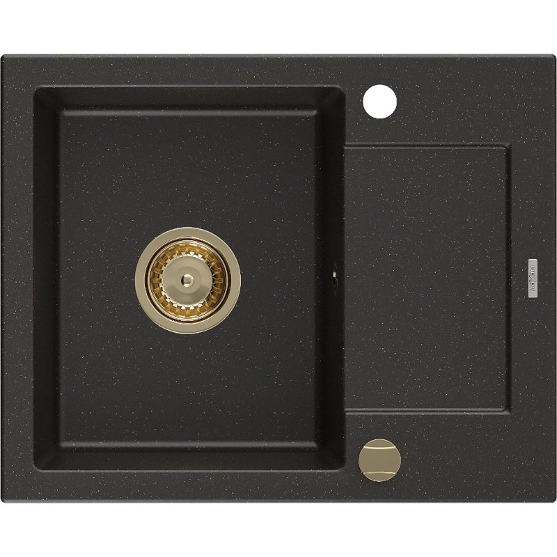 Mexen Enzo zlewozmywak granitowy 1-komorowy z ociekaczem 576 x 465 mm, czarny/złoty metalik, syfon złoty