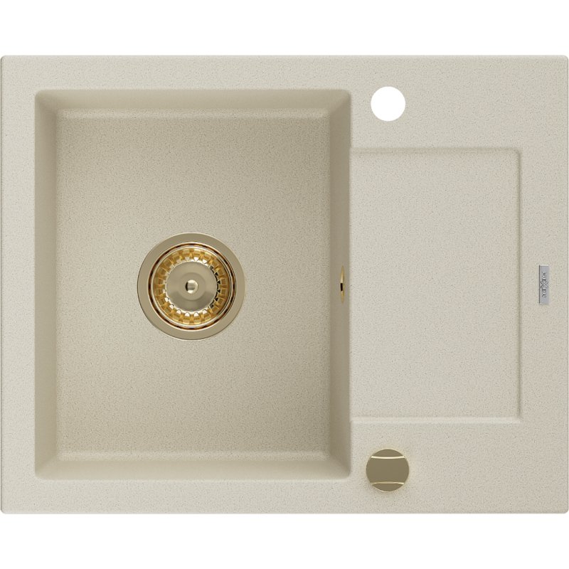 Mexen Enzo zlewozmywak granitowy 1-komorowy z ociekaczem 576 x 465 mm, beżowy, syfon złoty
