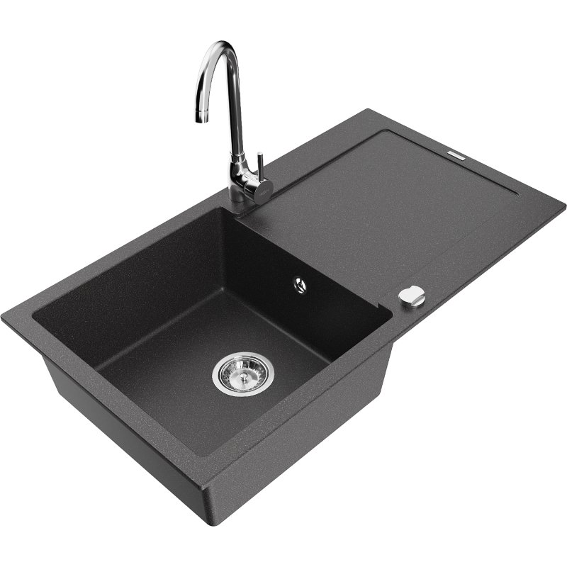 Mexen Leo zlewozmywak granitowy 1-komorowy z ociekaczem i baterią kuchenną Telma, czarny nakrapiany