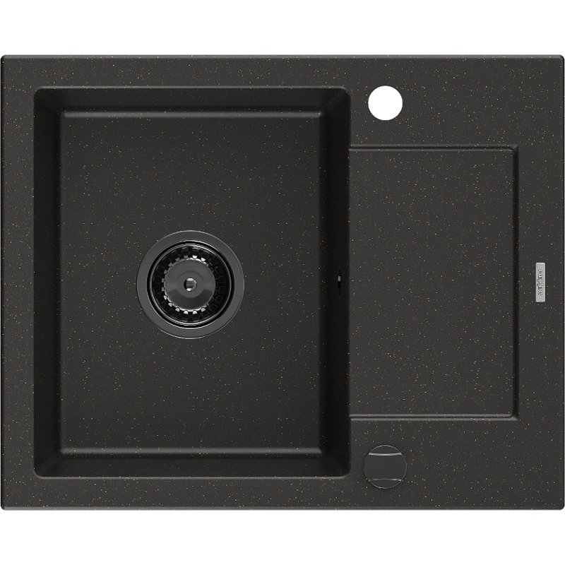 Mexen Enzo zlewozmywak granitowy 1-komorowy z ociekaczem 576 x 465 mm, czarny/złoty metalik, syfon czarny