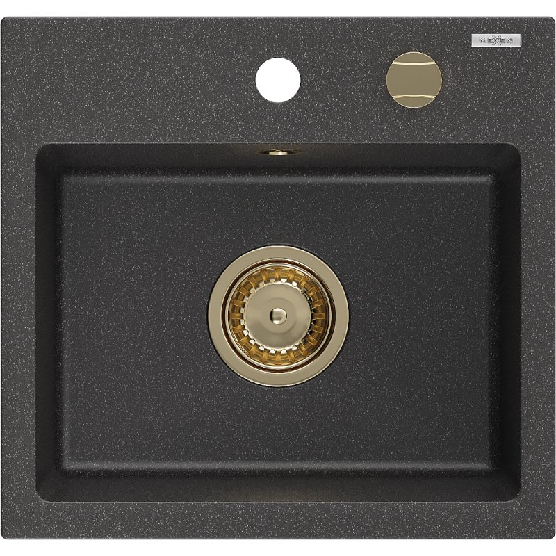 Mexen Milo zlewozmywak granitowy 1-komorowy 435 x 410 mm, czarny nakrapiany, syfon złoty