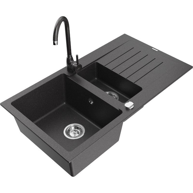 Mexen Matias zlewozmywak granitowy 1,5-komorowy z ociekaczem i baterią kuchenną Telma, czarny nakrapiany