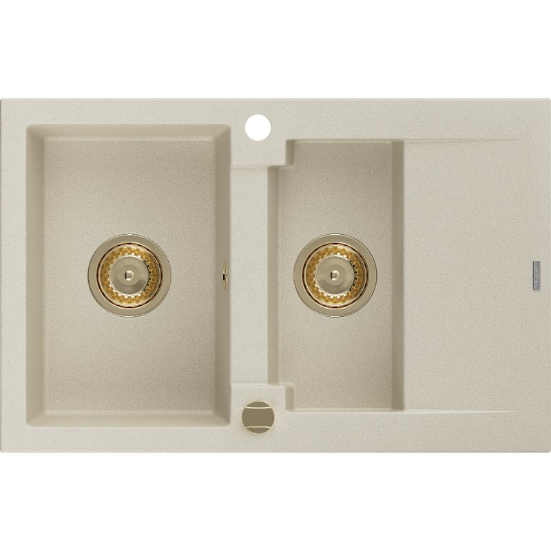 Mexen Gaspar zlewozmywak granitowy 1,5-komorowy z ociekaczem 737 x 475 mm, beżowy, syfon złoty