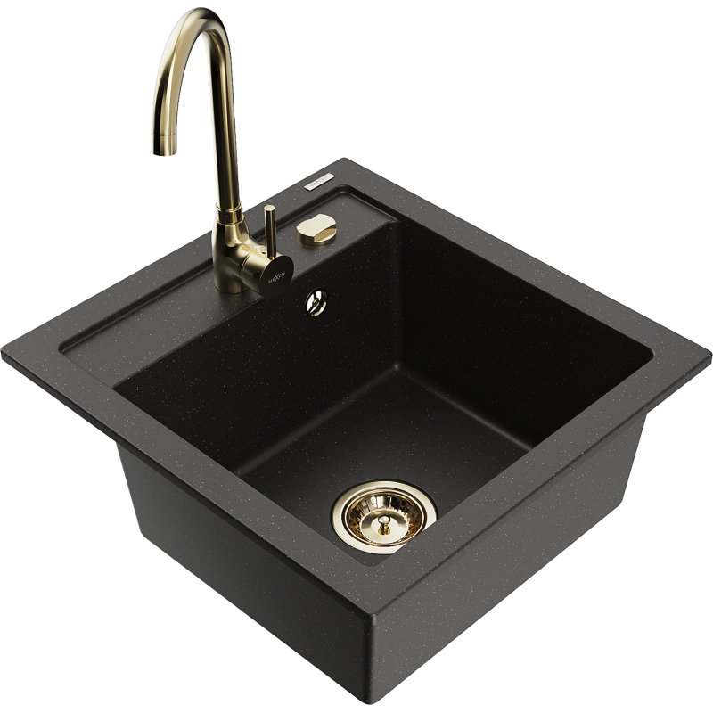 Mexen Vito zlewozmywak granitowy 1-komorowy z baterią kuchenną Telma, czarny/złoty metalik