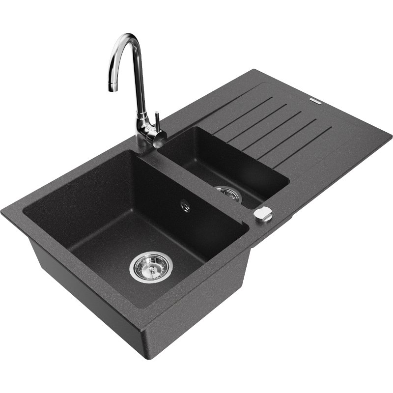 Mexen Matias zlewozmywak granitowy 1,5-komorowy z ociekaczem i baterią kuchenną Telma, czarny nakrapiany