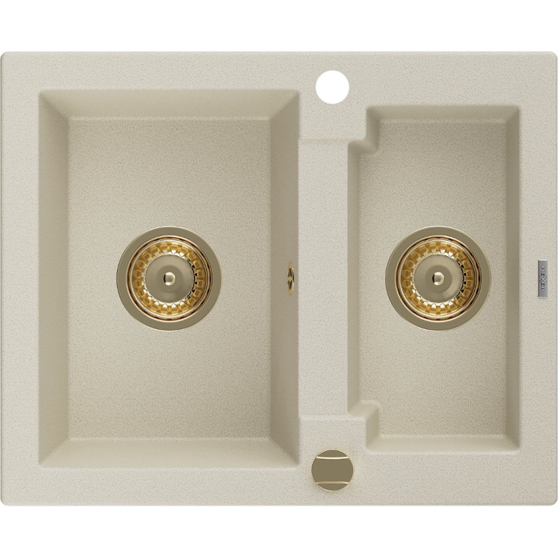 Mexen Carlos zlewozmywak granitowy 1,5-komorowy 582 x 475 mm, beżowy, syfon złoty