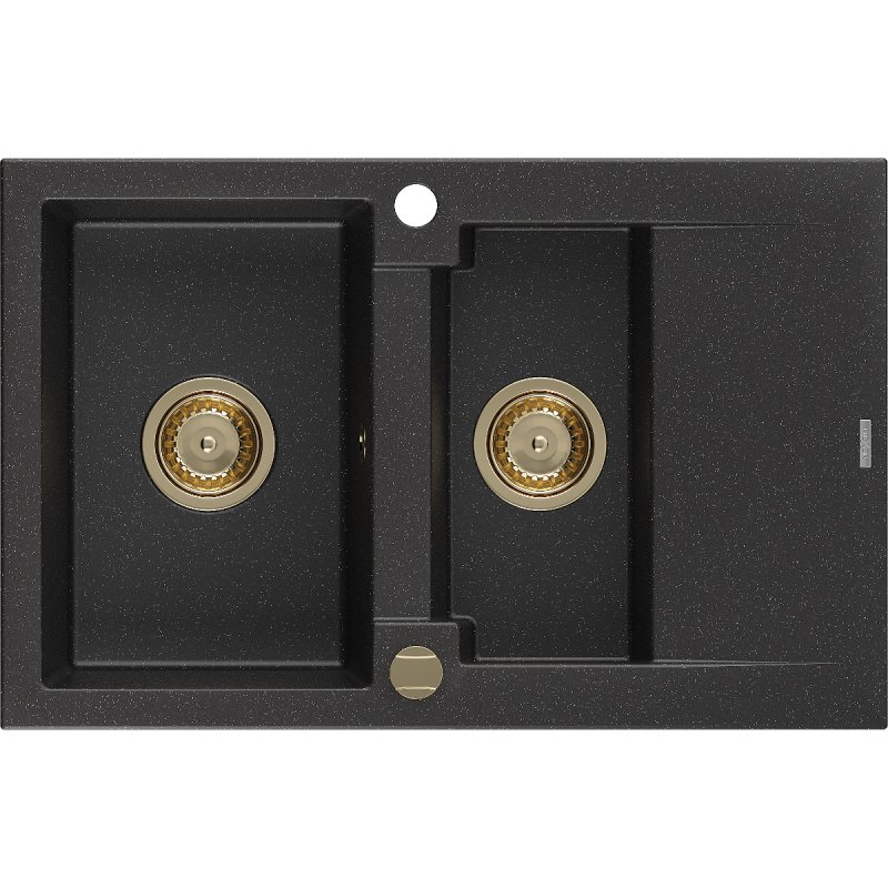 Mexen Gaspar zlewozmywak granitowy 1,5-komorowy z ociekaczem 737 x 475 mm, czarny/srebrny metalik, syfon złoty