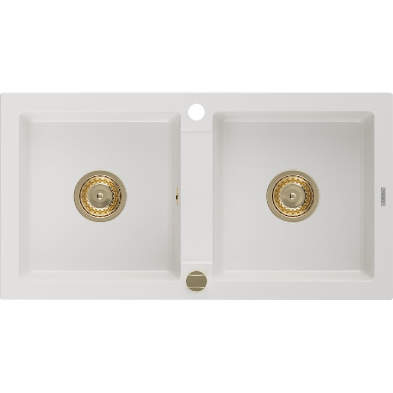 Mexen Mario zlewozmywak granitowy 2-komorowy 820 x 436 mm, biały, syfon złoty