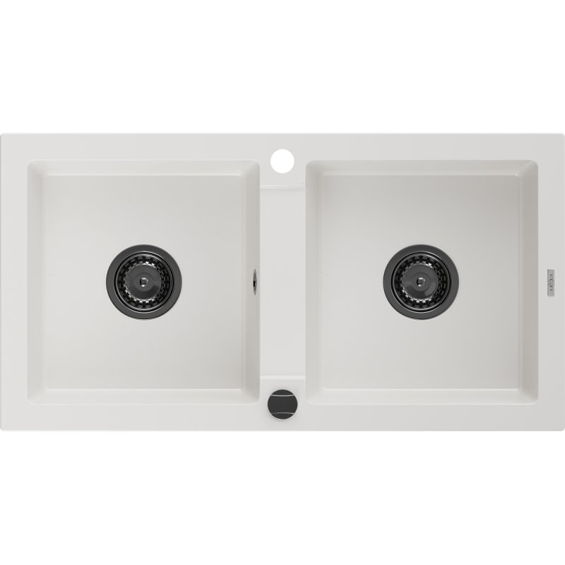 Mexen Mario zlewozmywak granitowy 2-komorowy 820 x 436 mm, biały, syfon czarny