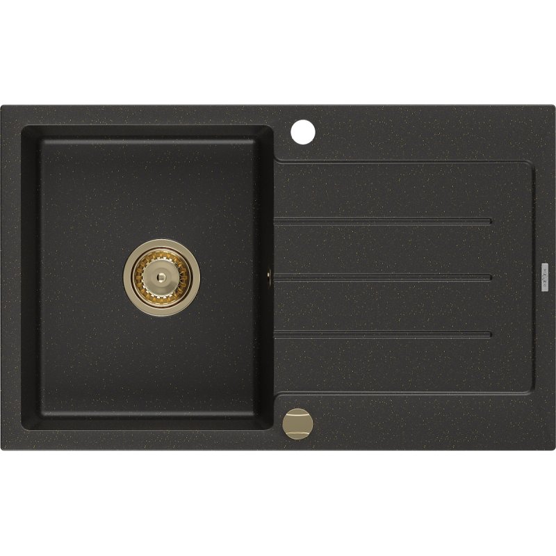 Mexen Bruno zlewozmywak granitowy 1-komorowy z ociekaczem 795 x 495 mm, czarny/złoty metalik, syfon złoty