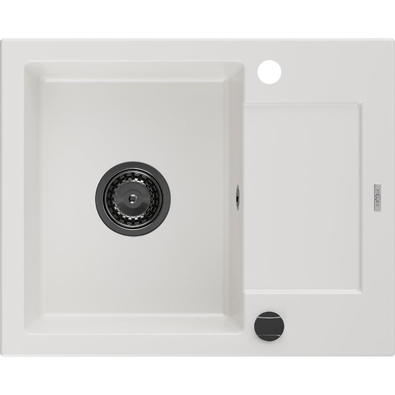 Mexen Enzo zlewozmywak granitowy 1-komorowy z ociekaczem 576 x 465 mm, biały, syfon czarny