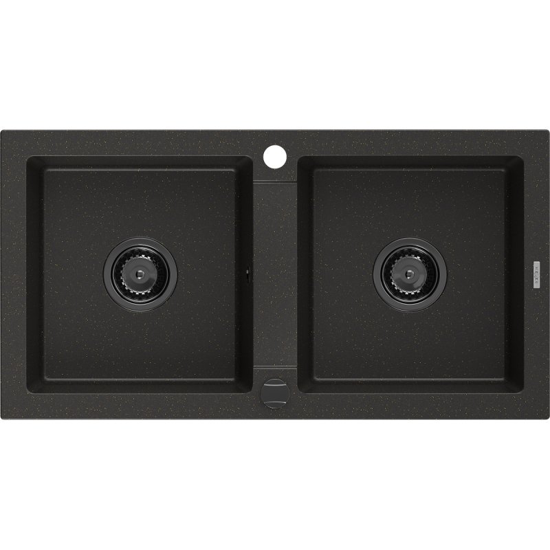 Mexen Mario zlewozmywak granitowy 2-komorowy 820 x 436 mm, czarny/złoty metalik, syfon czarny