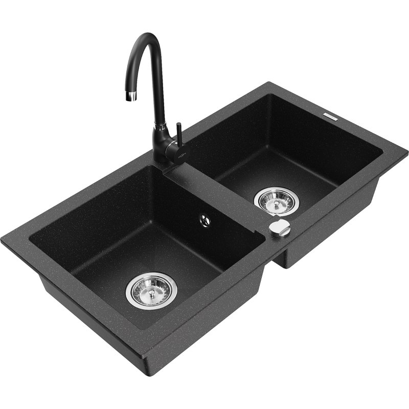 Mexen Mario zlewozmywak granitowy 2-komorowy z baterią kuchenną Telma, czarny/srebrny