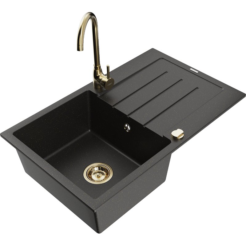 Mexen Bruno zlewozmywak granitowy 1-komorowy z ociekaczem i baterią kuchenną Telma, czarny/złoty