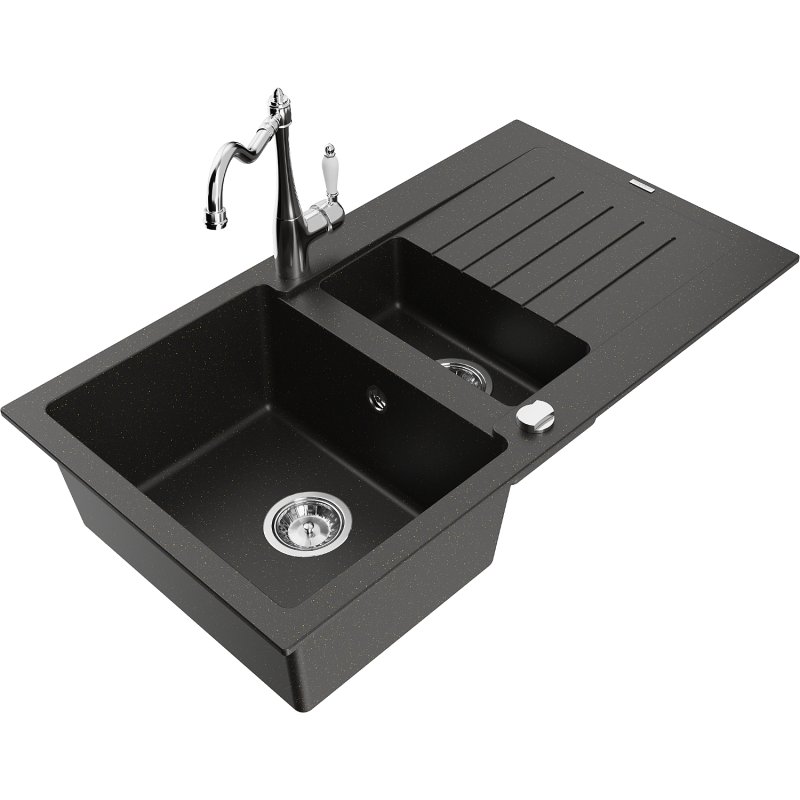 Mexen Matias zlewozmywak granitowy 1,5-komorowy z ociekaczem i baterią kuchenną Carla, czarny/złoty metalik