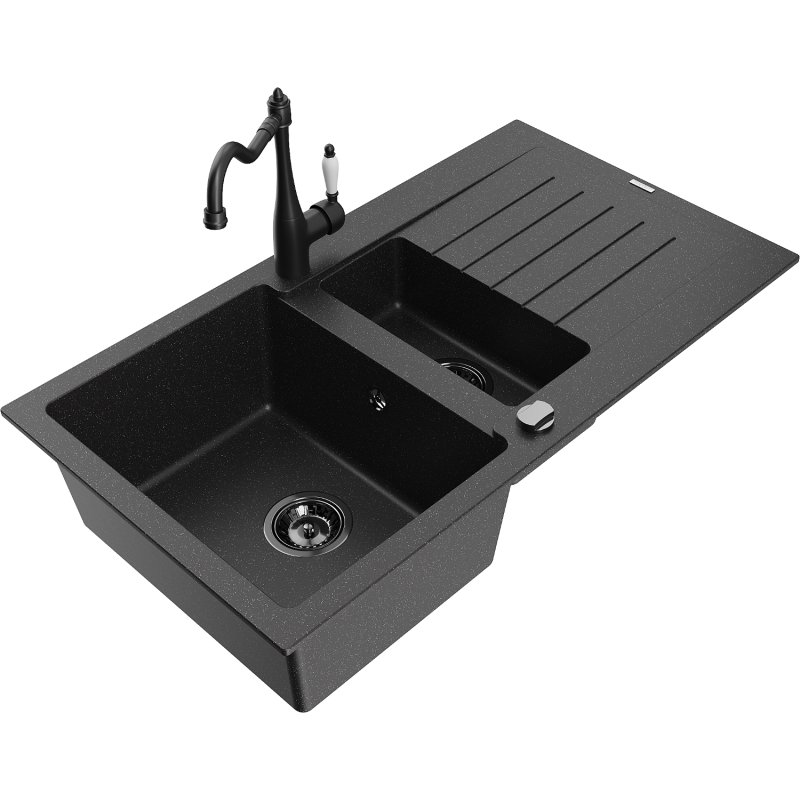 Mexen Matias zlewozmywak granitowy 1,5-komorowy z ociekaczem i baterią kuchenną Carla, czarny/srebrny