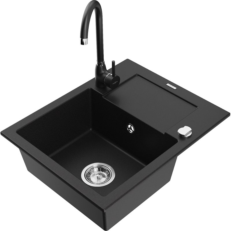 Mexen Enzo zlewozmywak granitowy 1-komorowy z ociekaczem i baterią kuchenną Telma, czarny