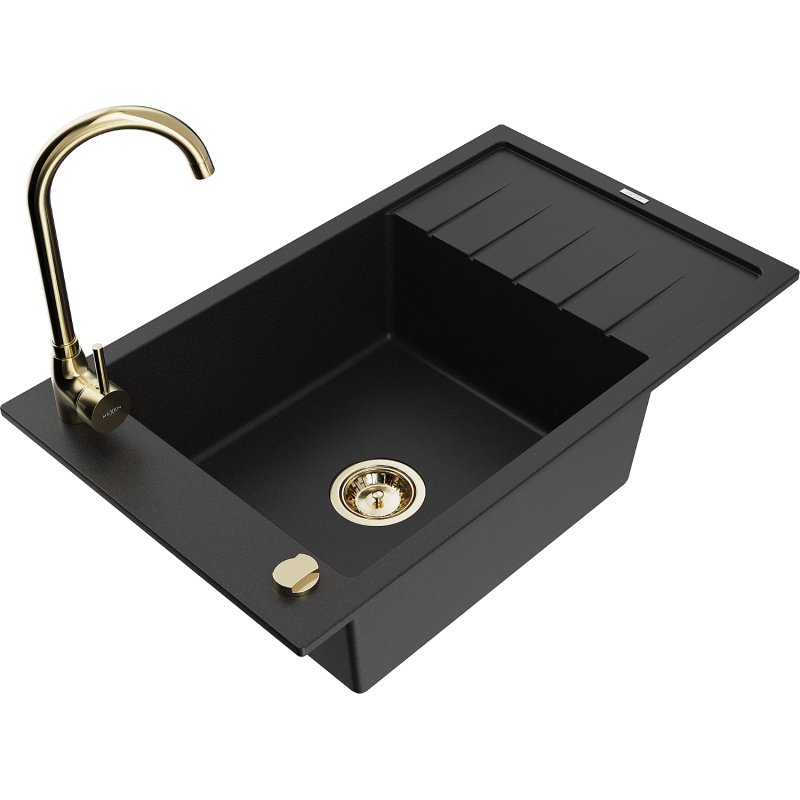 Mexen Elias zlewozmywak granitowy 1-komorowy z ociekaczem i baterią kuchenną Telma, czarny