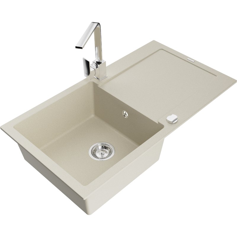 Mexen Leo zlewozmywak granitowy 1-komorowy z ociekaczem i baterią kuchenną Rita, beżowy