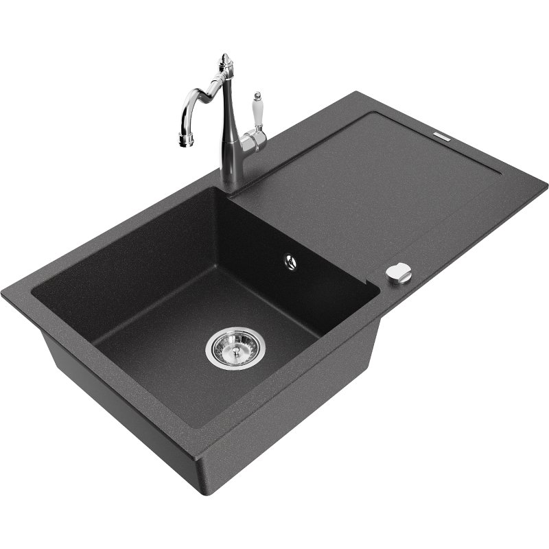 Mexen Leo zlewozmywak granitowy 1-komorowy z ociekaczem i baterią kuchenną Carla, czarny nakrapiany