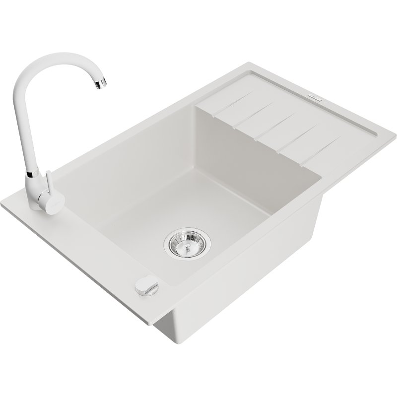 Mexen Elias zlewozmywak granitowy 1-komorowy z ociekaczem i baterią kuchenną Telma, biały