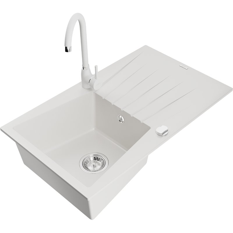 Mexen Cesar zlewozmywak granitowy 1-komorowy z ociekaczem i baterią kuchenną Telma, biały