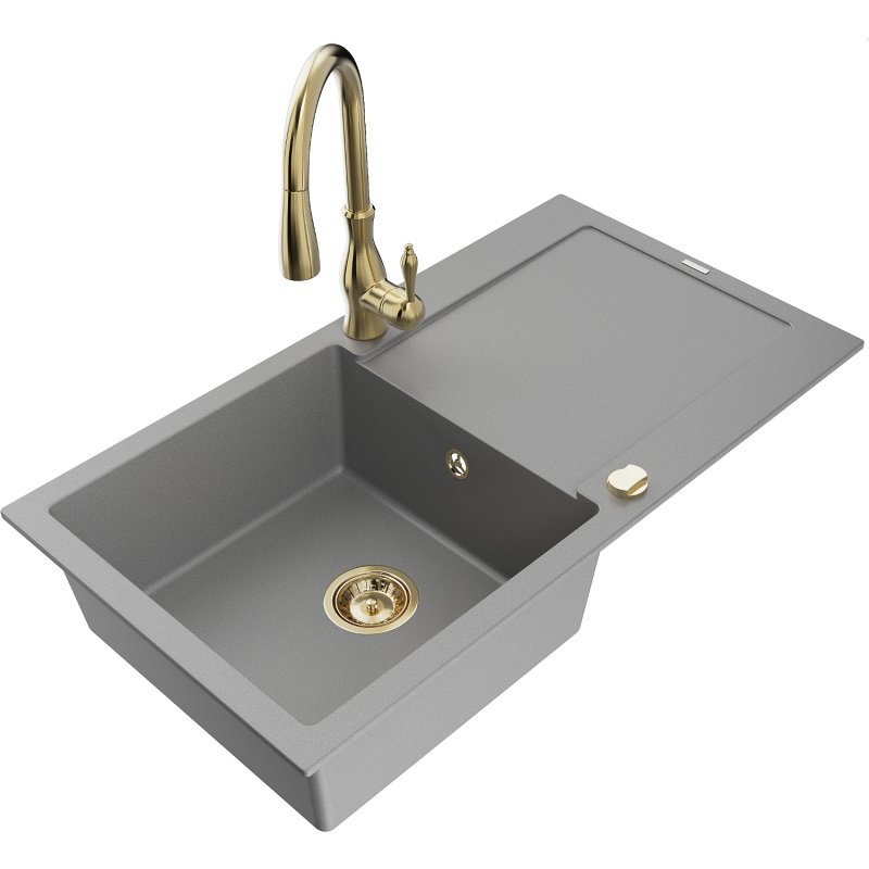 Mexen Leo zlewozmywak granitowy 1-komorowy z ociekaczem i baterią kuchenną Savita, szary