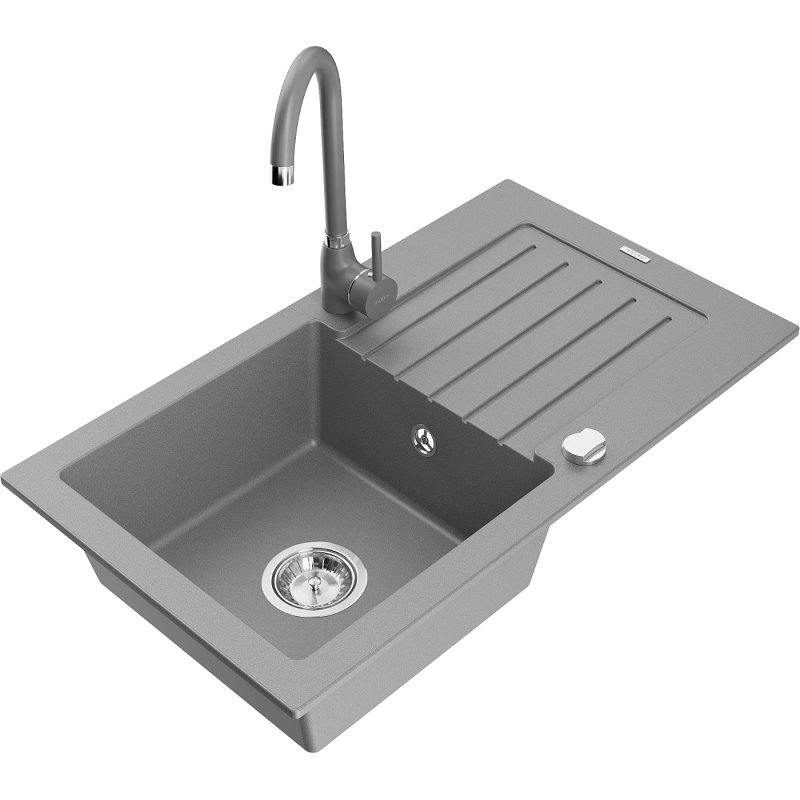 Mexen Pablo zlewozmywak granitowy 1-komorowy z ociekaczem i baterią kuchenną Telma, szary