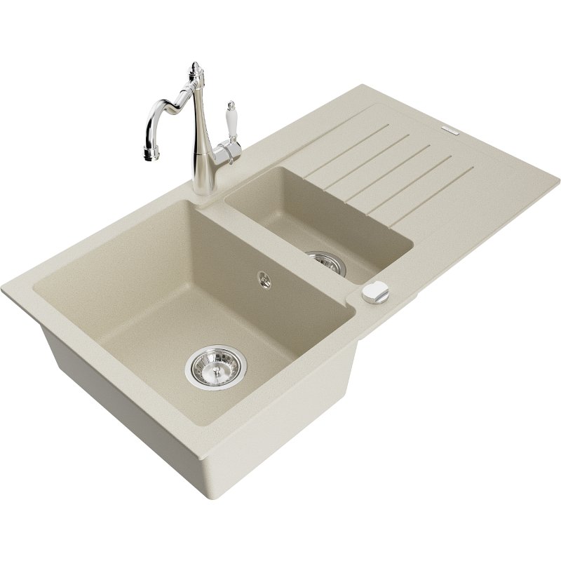 Mexen Matias zlewozmywak granitowy 1,5-komorowy z ociekaczem i baterią kuchenną Carla, beżowy