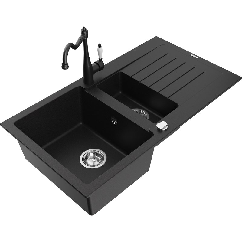 Mexen Matias zlewozmywak granitowy 1,5-komorowy z ociekaczem i baterią kuchenną Carla, czarny