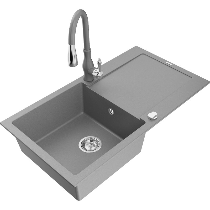 Mexen Leo zlewozmywak granitowy 1-komorowy z ociekaczem i baterią kuchenną Savita, szary